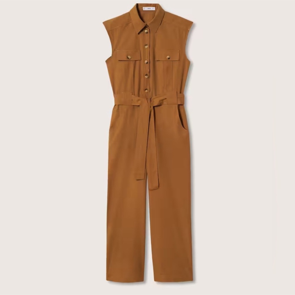 Mango Camel Sleeveless Belted Utility Jumpsuit